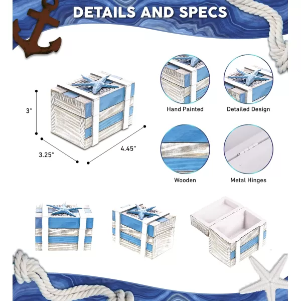 CoTa Global Sky Wooden Jewelry Box  Handcrafted Nautical Trinket with Starfish Decorations in White and Blue Accent Tabletop Home Decor Beach Starfish Jewelry Storage Organizer  445 Inches