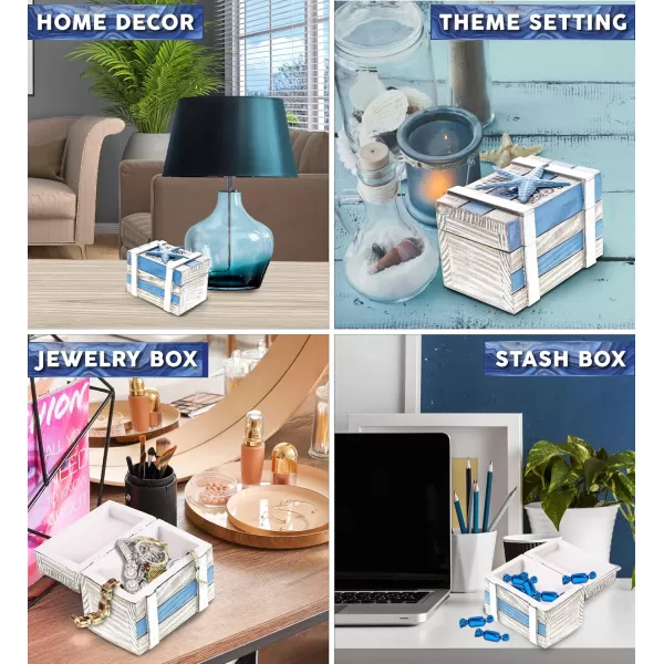 CoTa Global Sky Wooden Jewelry Box  Handcrafted Nautical Trinket with Starfish Decorations in White and Blue Accent Tabletop Home Decor Beach Starfish Jewelry Storage Organizer  445 Inches