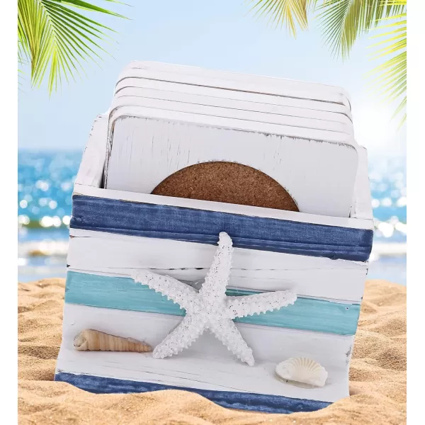 Puzzled COTA Global Blue Mist Nautical Wooden Coaster Set  Table Top Centerpiece Coastal Decor for Kitchen Home Beach House Rustic Decorative 6 Coasters Set with Holder  Handmade Color May Vary