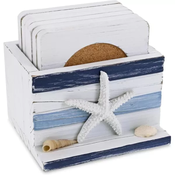 COTA Global Blue Stripes Nautical Wooden Coaster Set  Table Top Centerpiece Coastal Decor for Kitchen Home Beach House Rustic Decorative 6 Coasters Set with Holder  Handmade Color May Vary