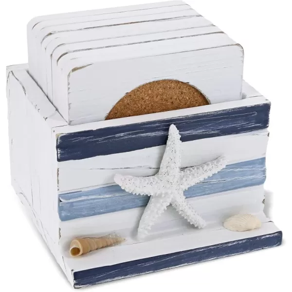 COTA Global Blue Stripes Nautical Wooden Coaster Set  Table Top Centerpiece Coastal Decor for Kitchen Home Beach House Rustic Decorative 8 Coasters Set with Holder  Handmade Color May Vary