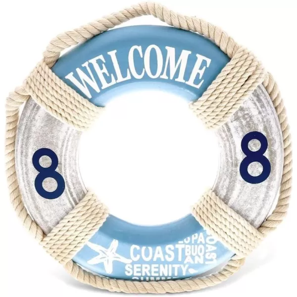 CoTa Global Aqua Sky Life Ring Welcome Nautical Decor Sign  Nautical Themed Wood Sign Beach Decor for Wall Novelty White and Blue Welcome Life Ring Wooden Figure