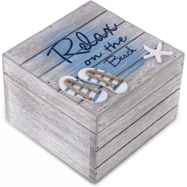 CoTa Global Aqua Sky Relax Wooden Box  Large Handcrafted Nautical Trinket with Sandals and Starfish Decoration Accent Tabletop Home Decor Beach Jewelry Store Organizer