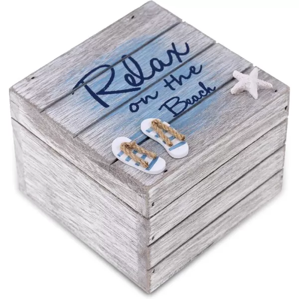 CoTa Global Aqua Sky Relax Wooden Box  Medium Handcrafted Nautical Trinket with Sandals and Starfish Decoration Accent Tabletop Home Decor Beach Jewelry Store Organizer