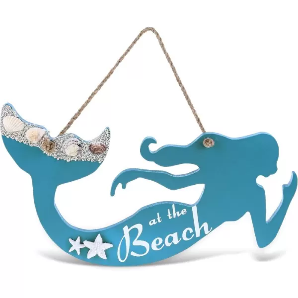CoTa Global Aqua Sky Wall Decor Mermaid Hanging Sign  Handmade and Crafted Wooden Mermaid Sign with Rope for Hanging Nautical Themed Home Decor  Handmade Color May Vary
