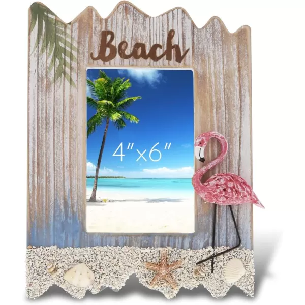 CoTa Global Flamingo Beach 4x6 Frame  White Distressed Wood Seashell Photo Frame for Summer Vacation Memory Handmade Tropical Sand Nautical Picture Frame For Tabletop or Wall Hang  10 Inches