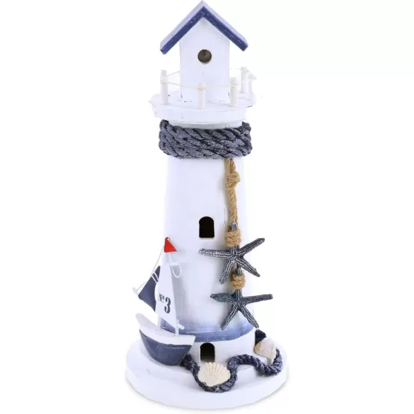 CoTa Global Ocean Blue Lighthouse Decor  Handmade and Crafted Wooden Lighthouse Decoration with Blue Starfish and Sailboat Figure Decorative Beach Style Tabletop Centerpiece