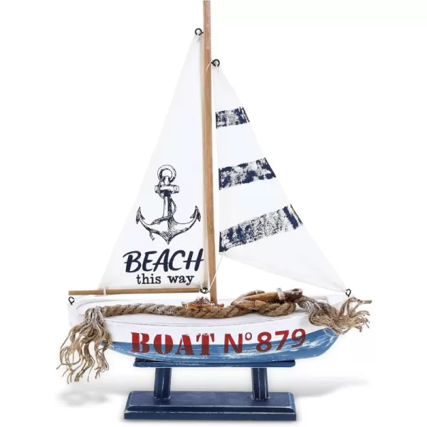 CoTa Global Ocean Blue Sailboat Decor  Large Handmade Wooden Boat Decor Cute Beach Style Model Sail Boat Decorations Nautical Themed Table Top Decor Living Room Centerpiece
