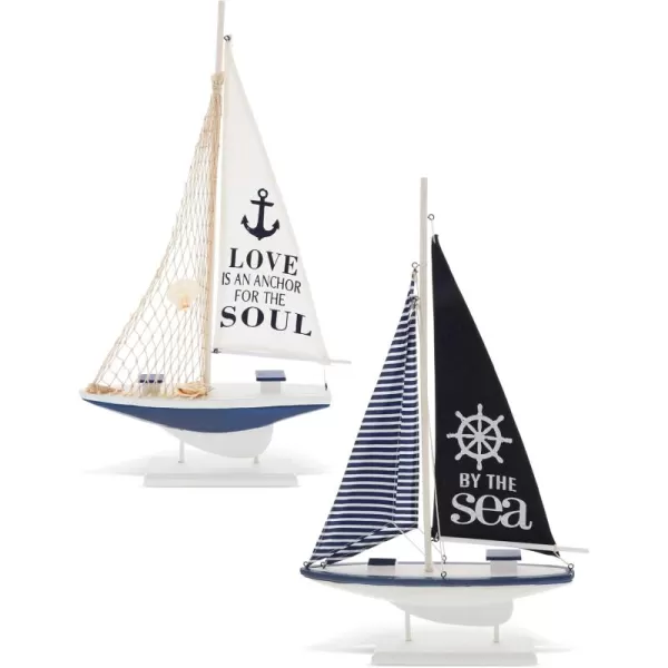 CoTa Global Ocean Blue Sailboat Decor Set of 2  Handmade Wooden Boat Decor Cute Beach Style Model Sail Boat Decorations Living Room Centerpiece  224 Inch