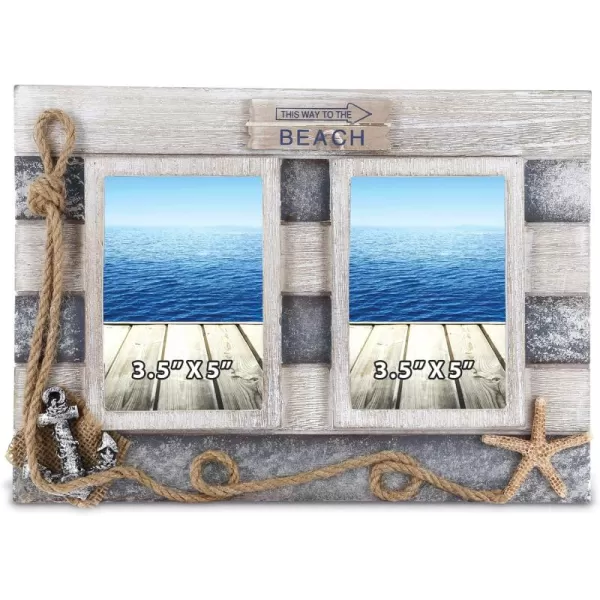 CoTa Global Silver Sea Double Photo Frame 35x5  Handcrafted Wooden Nautical Photo Frame for Tabletop Display or Hanging Beach Themed Home Decor Color May Vary