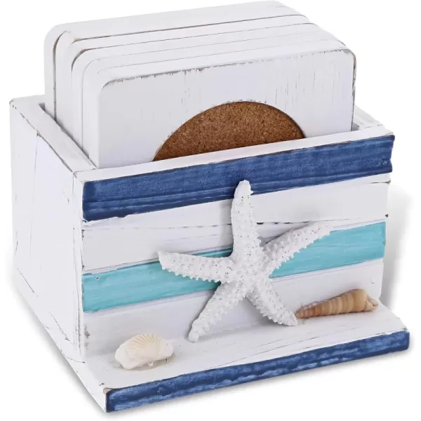 Puzzled COTA Global Blue Mist Nautical Wooden Coaster Set  Table Top Centerpiece Coastal Decor for Kitchen Home Beach House Rustic Decorative 6 Coasters Set with Holder  Handmade Color May Vary
