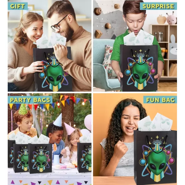 DolliBu Alien Large Gift Bag with Tissue Paper  Cute Space Alien Big Gift Wrap Bag with Handles and Alien Tissue Paper for Holiday Birthday Party Favor Gift Bags for Kids and Adult  13 InchesBlack Alien