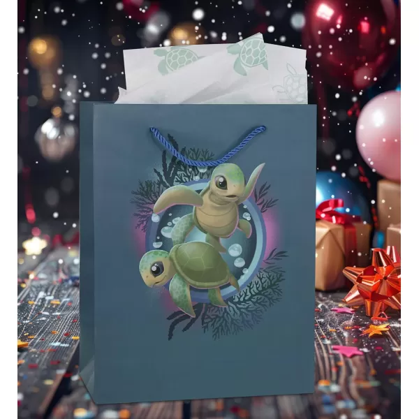 DolliBu Alien Large Gift Bag with Tissue Paper  Cute Space Alien Big Gift Wrap Bag with Handles and Alien Tissue Paper for Holiday Birthday Party Favor Gift Bags for Kids and Adult  13 InchesBlue Sea Turtle