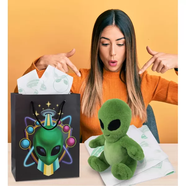 DolliBu Alien Large Gift Bag with Tissue Paper  Cute Space Alien Big Gift Wrap Bag with Handles and Alien Tissue Paper for Holiday Birthday Party Favor Gift Bags for Kids and Adult  13 InchesBlack Alien