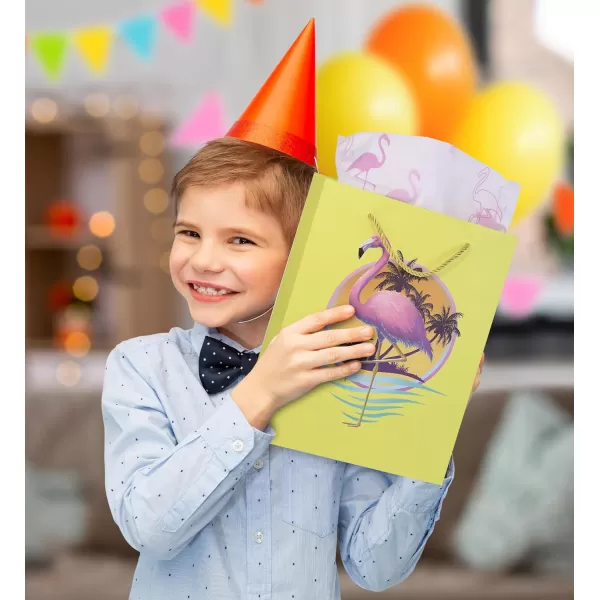 DolliBu Alien Large Gift Bag with Tissue Paper  Cute Space Alien Big Gift Wrap Bag with Handles and Alien Tissue Paper for Holiday Birthday Party Favor Gift Bags for Kids and Adult  13 InchesYellow Flamingo
