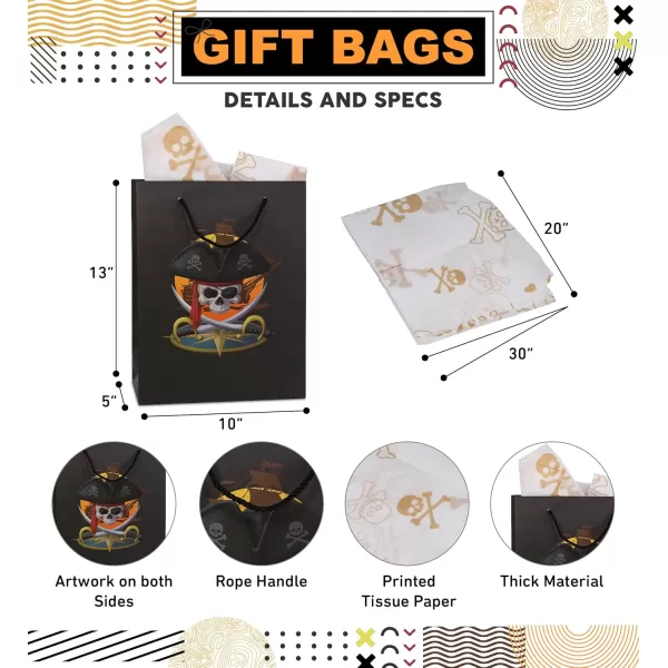 DolliBu Alien Large Gift Bag with Tissue Paper  Cute Space Alien Big Gift Wrap Bag with Handles and Alien Tissue Paper for Holiday Birthday Party Favor Gift Bags for Kids and Adult  13 InchesBlack Pirate