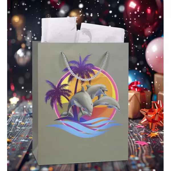 DolliBu Alien Large Gift Bag with Tissue Paper  Cute Space Alien Big Gift Wrap Bag with Handles and Alien Tissue Paper for Holiday Birthday Party Favor Gift Bags for Kids and Adult  13 InchesGray Dolphin