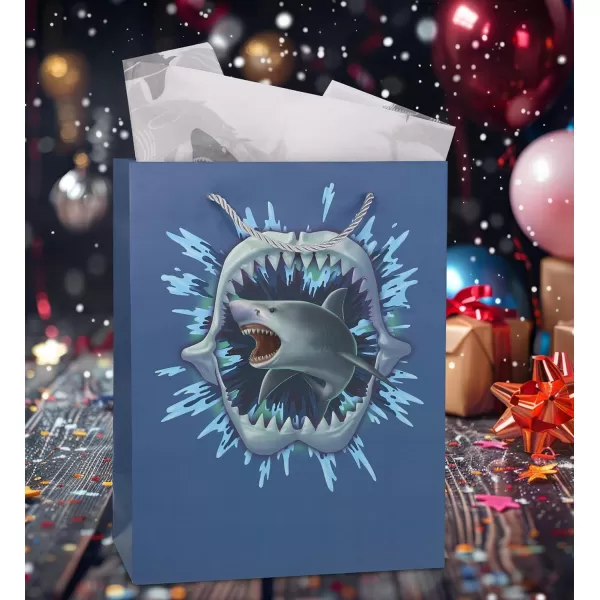 DolliBu Alien Large Gift Bag with Tissue Paper  Cute Space Alien Big Gift Wrap Bag with Handles and Alien Tissue Paper for Holiday Birthday Party Favor Gift Bags for Kids and Adult  13 InchesBlue Shark