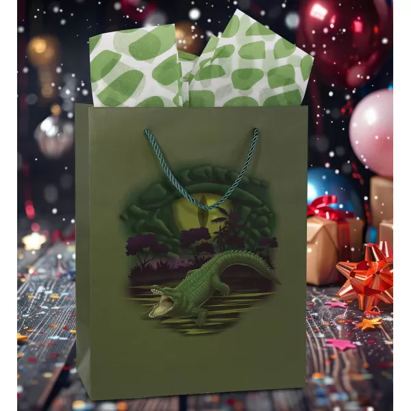 DolliBu Alien Large Gift Bag with Tissue Paper  Cute Space Alien Big Gift Wrap Bag with Handles and Alien Tissue Paper for Holiday Birthday Party Favor Gift Bags for Kids and Adult  13 InchesGreen Alligator
