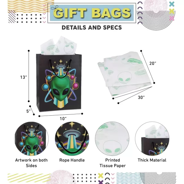 DolliBu Alien Large Gift Bag with Tissue Paper  Cute Space Alien Big Gift Wrap Bag with Handles and Alien Tissue Paper for Holiday Birthday Party Favor Gift Bags for Kids and Adult  13 InchesBlack Alien