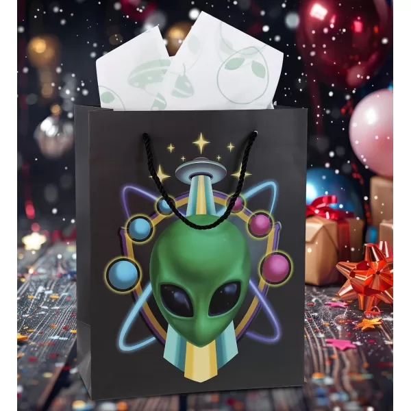 DolliBu Alien Large Gift Bag with Tissue Paper  Cute Space Alien Big Gift Wrap Bag with Handles and Alien Tissue Paper for Holiday Birthday Party Favor Gift Bags for Kids and Adult  13 InchesBlack Alien