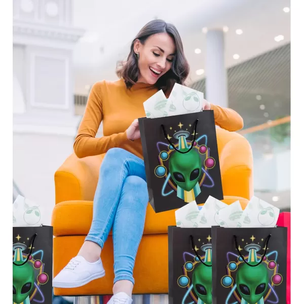 DolliBu Alien Large Gift Bag with Tissue Paper  Cute Space Alien Big Gift Wrap Bag with Handles and Alien Tissue Paper for Holiday Birthday Party Favor Gift Bags for Kids and Adult  13 InchesBlack Alien