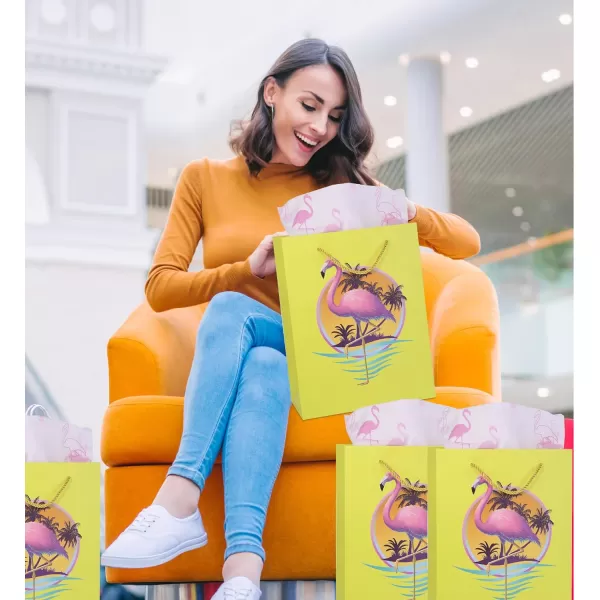 DolliBu Alien Large Gift Bag with Tissue Paper  Cute Space Alien Big Gift Wrap Bag with Handles and Alien Tissue Paper for Holiday Birthday Party Favor Gift Bags for Kids and Adult  13 InchesYellow Flamingo