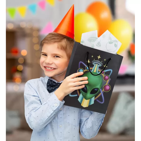 DolliBu Alien Large Gift Bag with Tissue Paper  Cute Space Alien Big Gift Wrap Bag with Handles and Alien Tissue Paper for Holiday Birthday Party Favor Gift Bags for Kids and Adult  13 InchesBlack Alien
