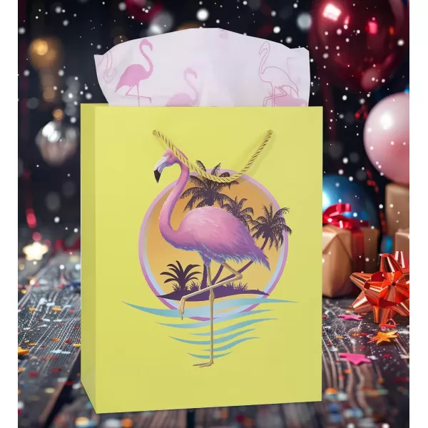 DolliBu Alien Large Gift Bag with Tissue Paper  Cute Space Alien Big Gift Wrap Bag with Handles and Alien Tissue Paper for Holiday Birthday Party Favor Gift Bags for Kids and Adult  13 InchesYellow Flamingo