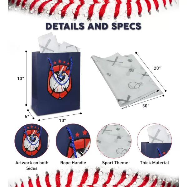 DolliBu Baseball Gift Bags with Tissue Paper 12 Pc Set  Large Reusable Blue Gift Bags Sports Theme with Handles and Matching Baseball Tissue Paper  13 Inch 12 PackBlue Baseball