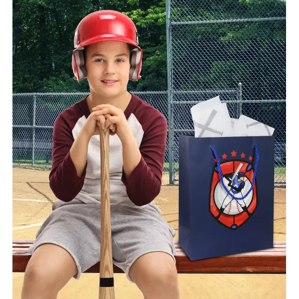 DolliBu Baseball Gift Bags with Tissue Paper 12 Pc Set  Large Reusable Blue Gift Bags Sports Theme with Handles and Matching Baseball Tissue Paper  13 Inch 12 PackBlue Baseball