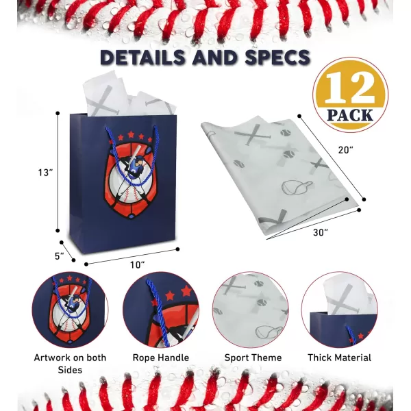 DolliBu Baseball Gift Bags with Tissue Paper 12 Pc Set  Large Reusable Blue Gift Bags Sports Theme with Handles and Matching Baseball Tissue Paper  13 Inch 12 PackBlue 12pack