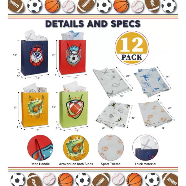 DolliBu Baseball Gift Bags with Tissue Paper 12 Pc Set  Large Reusable Blue Gift Bags Sports Theme with Handles and Matching Baseball Tissue Paper  13 Inch 12 PackMulticolor