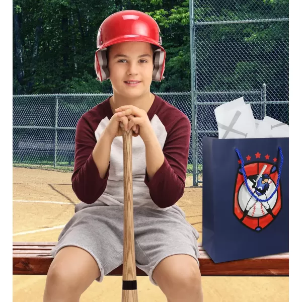 DolliBu Baseball Gift Bags with Tissue Paper 12 Pc Set  Large Reusable Blue Gift Bags Sports Theme with Handles and Matching Baseball Tissue Paper  13 Inch 12 PackBlue 12pack