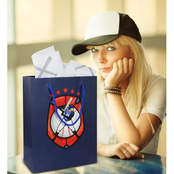 DolliBu Baseball Gift Bags with Tissue Paper 12 Pc Set  Large Reusable Blue Gift Bags Sports Theme with Handles and Matching Baseball Tissue Paper  13 Inch 12 PackMulticolor