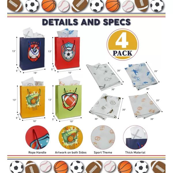 DolliBu Sports Gift Bags with Tissue Paper 8 Pc Set  Premium Large Gift Bags with Handles Baseball Football Basketball and Soccer Sports Gift Bags and Tissue Paper Set  13 Inch 4 Pack