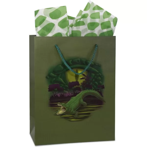 DolliBu Alien Large Gift Bag with Tissue Paper  Cute Space Alien Big Gift Wrap Bag with Handles and Alien Tissue Paper for Holiday Birthday Party Favor Gift Bags for Kids and Adult  13 InchesGreen Alligator