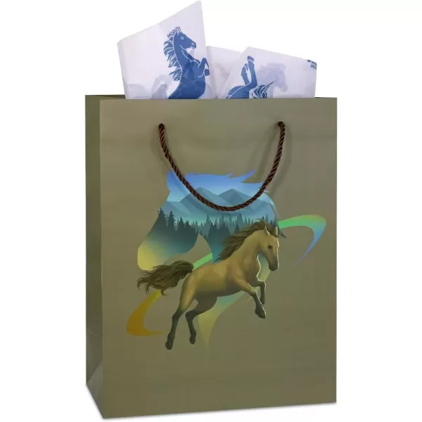DolliBu Alien Large Gift Bag with Tissue Paper  Cute Space Alien Big Gift Wrap Bag with Handles and Alien Tissue Paper for Holiday Birthday Party Favor Gift Bags for Kids and Adult  13 InchesGreen Horse