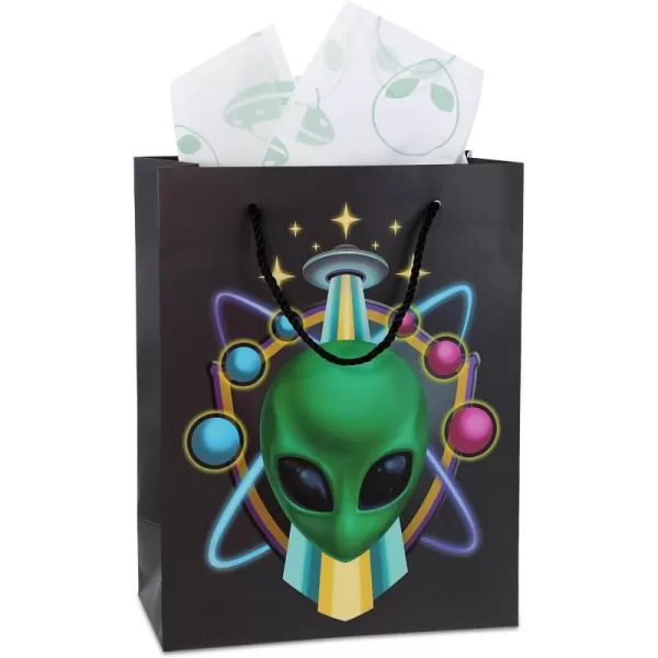DolliBu Alien Large Gift Bag with Tissue Paper  Cute Space Alien Big Gift Wrap Bag with Handles and Alien Tissue Paper for Holiday Birthday Party Favor Gift Bags for Kids and Adult  13 InchesBlack Alien