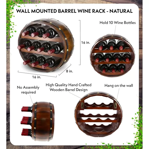 CoTa Global Barrell Wine Rack  Natural Wood Industrial Wall Mounted Barrel Wine Holder for 10 Wine Bottles Decorative Wall Mounted Bottle Rack Rustic Wall Wine Storage Shelf Organizer for Wine BarVintage