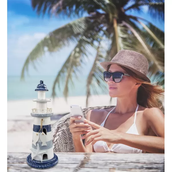 Puzzled COTA Global Blue Stripes Wooden Lighthouse Decor  Handcrafted Nautical Decor Lighthouse with Fish Ocean Decor Wood Sculpture Table Top Centerpiece Beach Decorations  11 Inch
