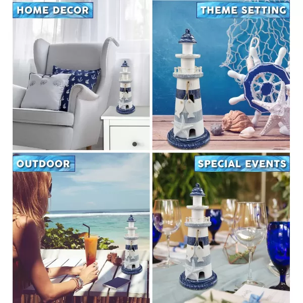 Puzzled COTA Global Blue Stripes Wooden Lighthouse Decor  Handcrafted Nautical Decor Lighthouse with Fish Ocean Decor Wood Sculpture Table Top Centerpiece Beach Decorations  11 Inch