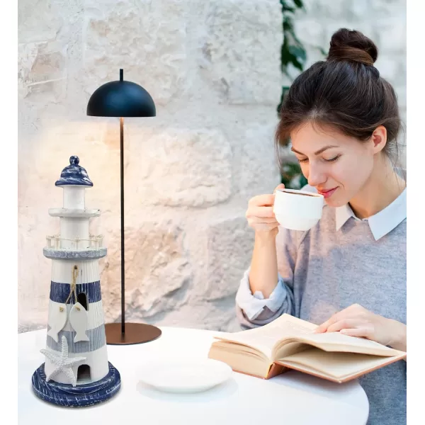 Puzzled COTA Global Blue Stripes Wooden Lighthouse Decor  Handcrafted Nautical Decor Lighthouse with Fish Ocean Decor Wood Sculpture Table Top Centerpiece Beach Decorations  11 Inch