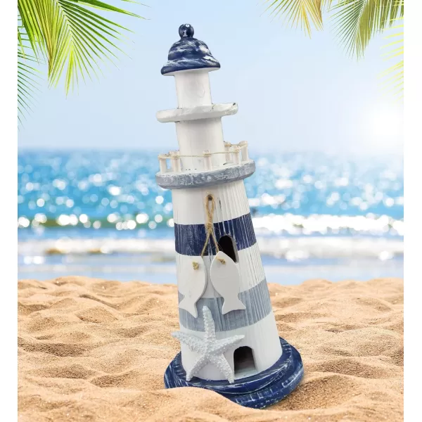 Puzzled COTA Global Blue Stripes Wooden Lighthouse Decor  Handcrafted Nautical Decor Lighthouse with Fish Ocean Decor Wood Sculpture Table Top Centerpiece Beach Decorations  11 Inch