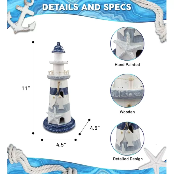 Puzzled COTA Global Blue Stripes Wooden Lighthouse Decor  Handcrafted Nautical Decor Lighthouse with Fish Ocean Decor Wood Sculpture Table Top Centerpiece Beach Decorations  11 Inch