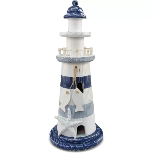 Puzzled COTA Global Blue Stripes Wooden Lighthouse Decor  Handcrafted Nautical Decor Lighthouse with Fish Ocean Decor Wood Sculpture Table Top Centerpiece Beach Decorations  11 Inch