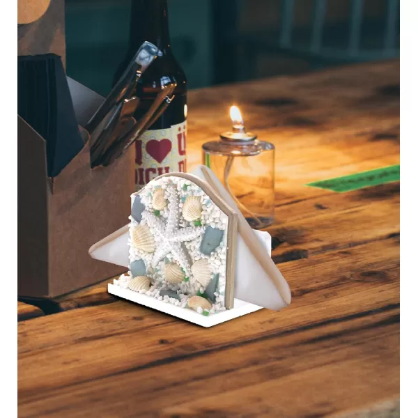 CoTa Global Wooden Napkin Holder For Table  Nautical Themed Decor for Kitchen Outdoor Table Dining Table with Starfish and Seashell Cute Napkin Holder with Coastal Centerpieces for Tables