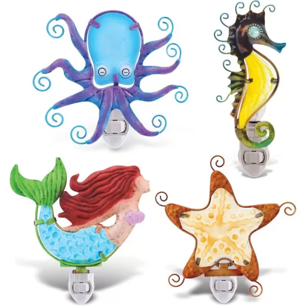 CoTa Global Ocean Life Night Lights  Sea Horse Mermaid Starfish Octopus Home Decor Wall Plug in Night Lights with Switch Unique Decorative Metal Glass Nightlights for Home  4 Piece