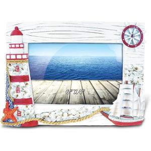 imagePuzzled Resin Red Ship ampamp Lighthouse Picture Frame 6 X 4 Inch Sculptural Photo Holder Intricate ampamp Meticulous Detailing Art Handcrafted Tabletop Accent Accessory Coastal Nautical Themed Home Dcor