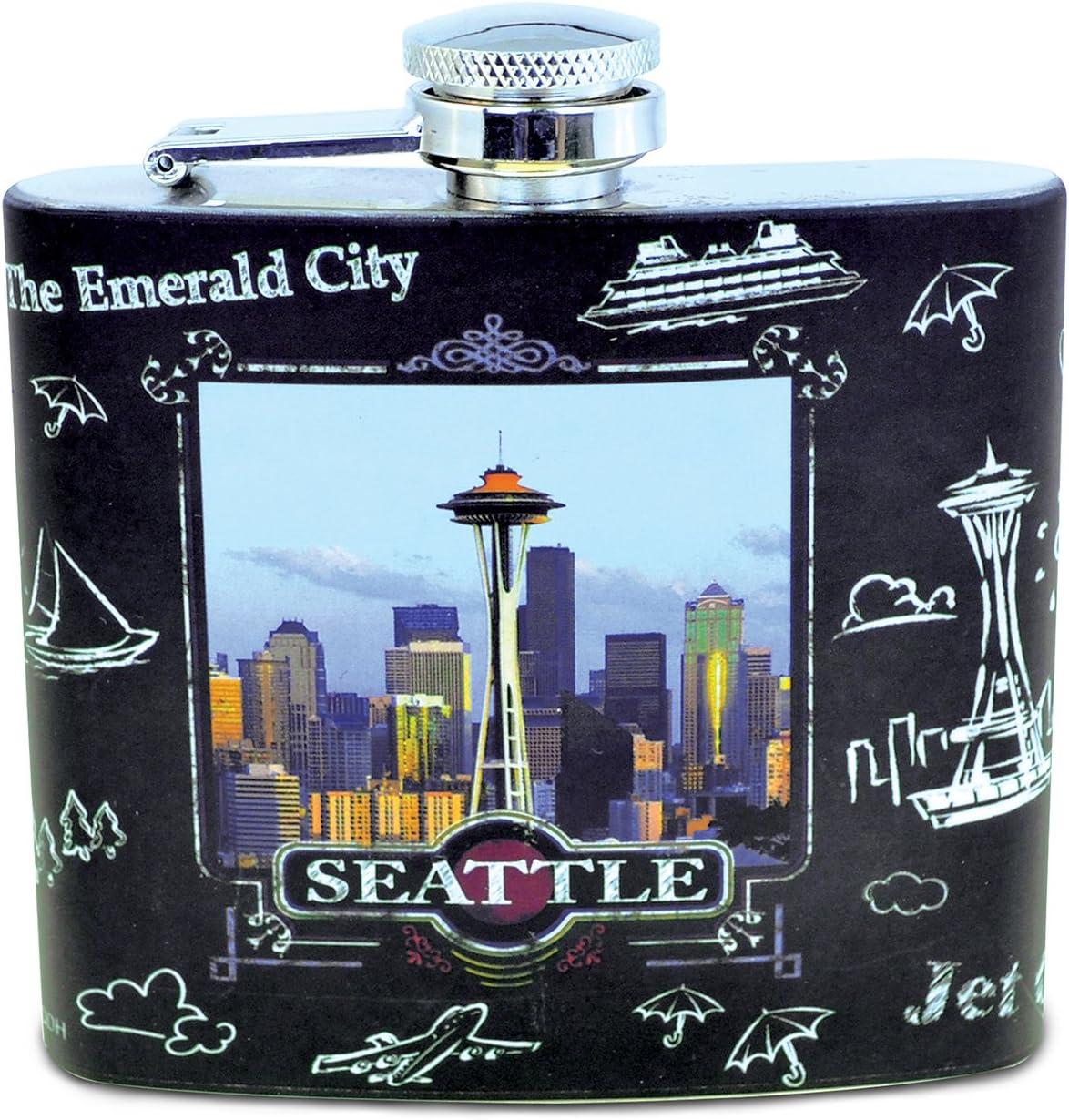imagePuzzled Ceramic Black Seattle Skylinequot Stainless Steel Flask 375 Inch Handy Portable Travel Pocket Alcohol Liquor Accessory Leak Proof Flasks Drinkware Famous Sites Themed Bar Tools ampamp Supply